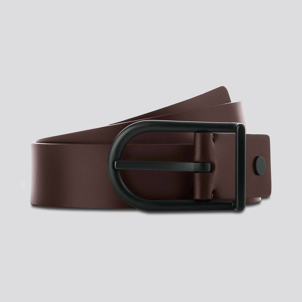 Brown casual leather belt with black metal buckle